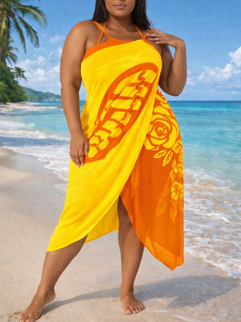S-XL Sheer Yellow & Orange Beach Cover-Up Slip Dress
